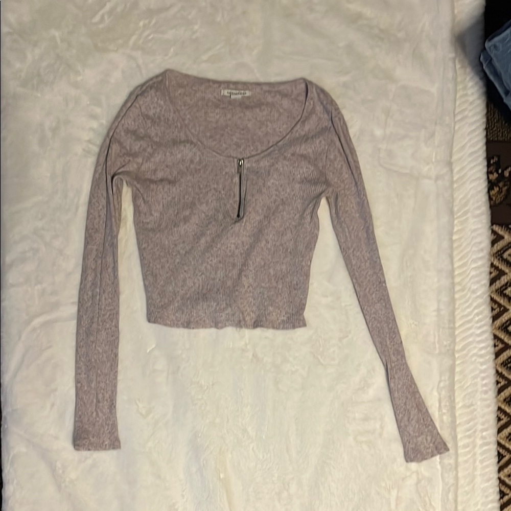American Eagle Outfitters Tan Ribbed Crop Blouse with Tie Front